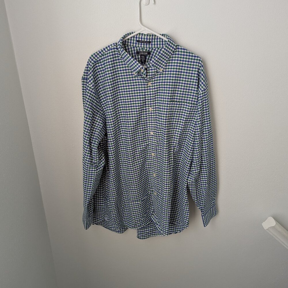 Lands' End Supima No Iron Oxford Plaid Long Sleeve, XXL